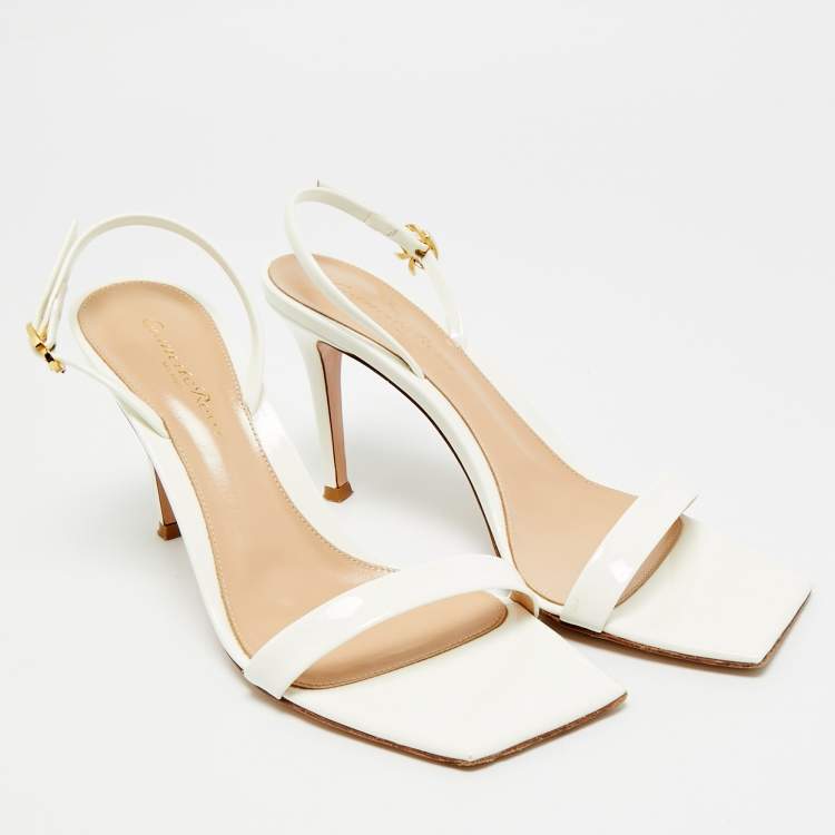 Pre Owned Gianvito Rossi Ribbon Size 37.5 White Patent Leather Ankle Strap Sandals