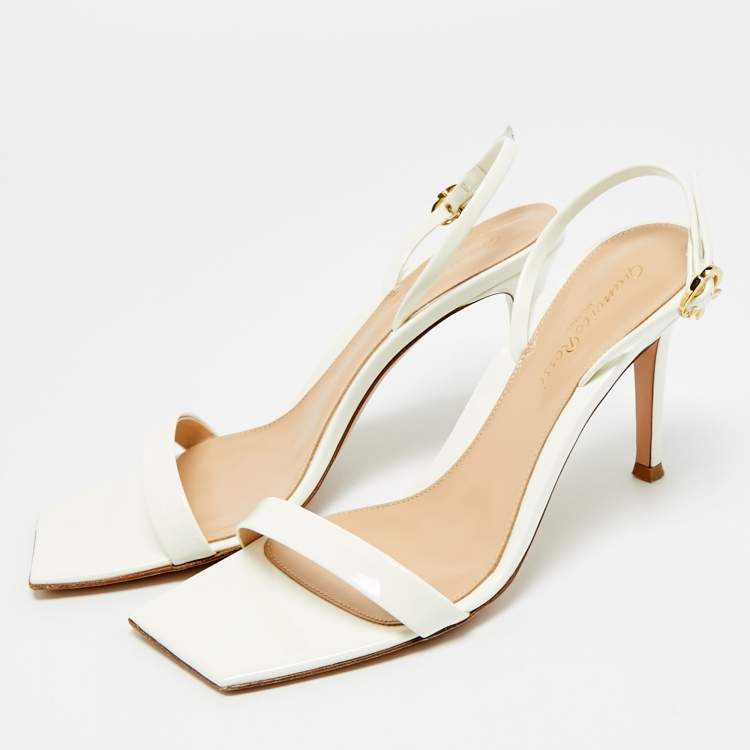 Pre Owned Gianvito Rossi Ribbon Size 37.5 White Patent Leather Ankle Strap Sandals