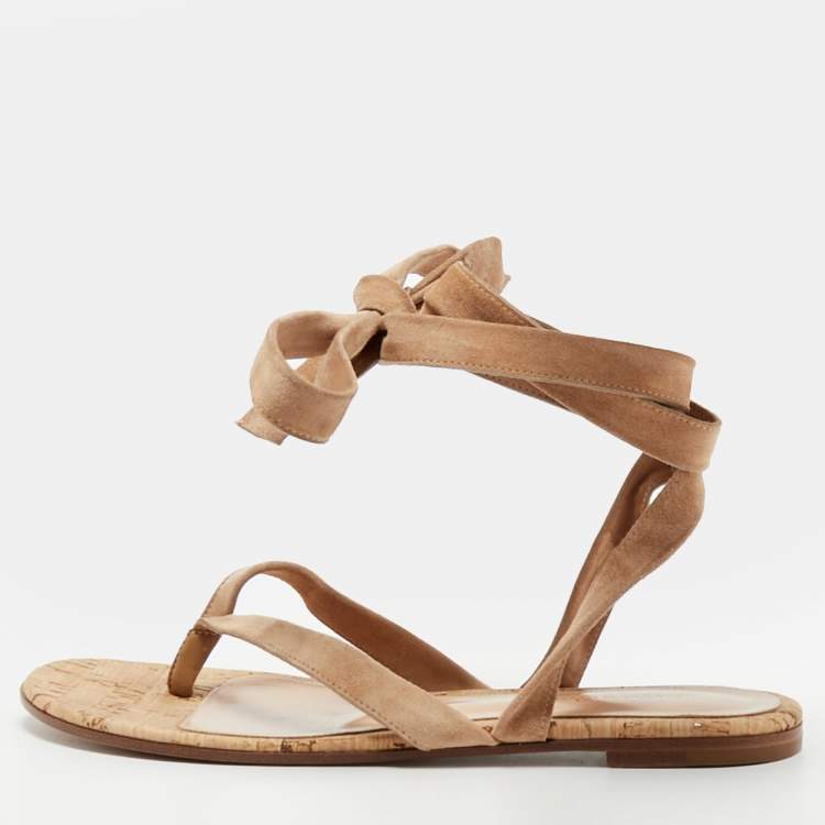 Pre Owned Gianvito Rossi Size 38.5 Brown Suede Ankle Wrap Flat Sandals