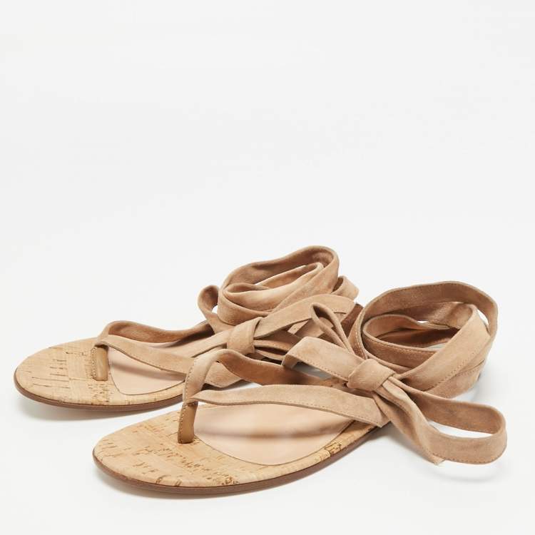 Pre Owned Gianvito Rossi Size 38.5 Brown Suede Ankle Wrap Flat Sandals