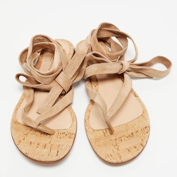 Pre Owned Gianvito Rossi Size 38.5 Brown Suede Ankle Wrap Flat Sandals