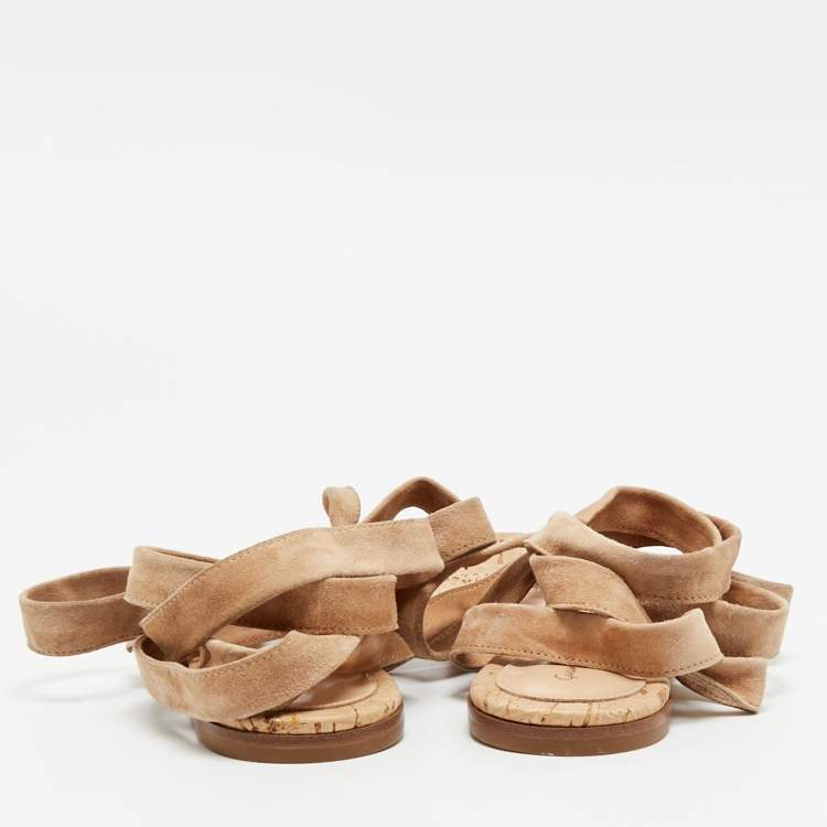 Pre Owned Gianvito Rossi Size 38.5 Brown Suede Ankle Wrap Flat Sandals