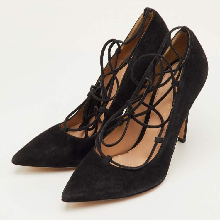 Pre Owned Gianvito Rossi Femi Size 38 Black Suede Lace up Pointed Toe Pumps