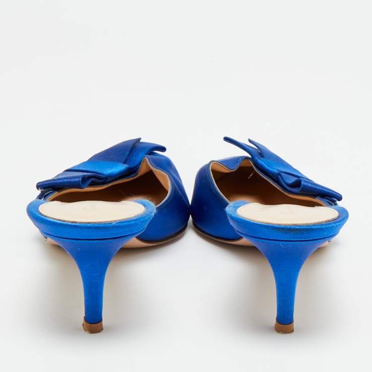 Pre Owned Gianvito Rossi Kyoto Bow Size 39 Blue Satin Mules