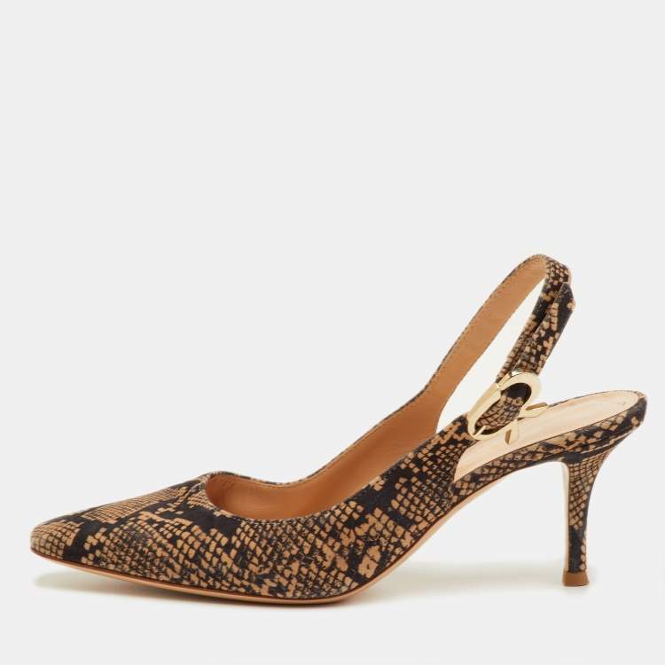 Pre Owned Gianvito Rossi Size 37 Black/Beige Python Print Suede Slingback Pumps