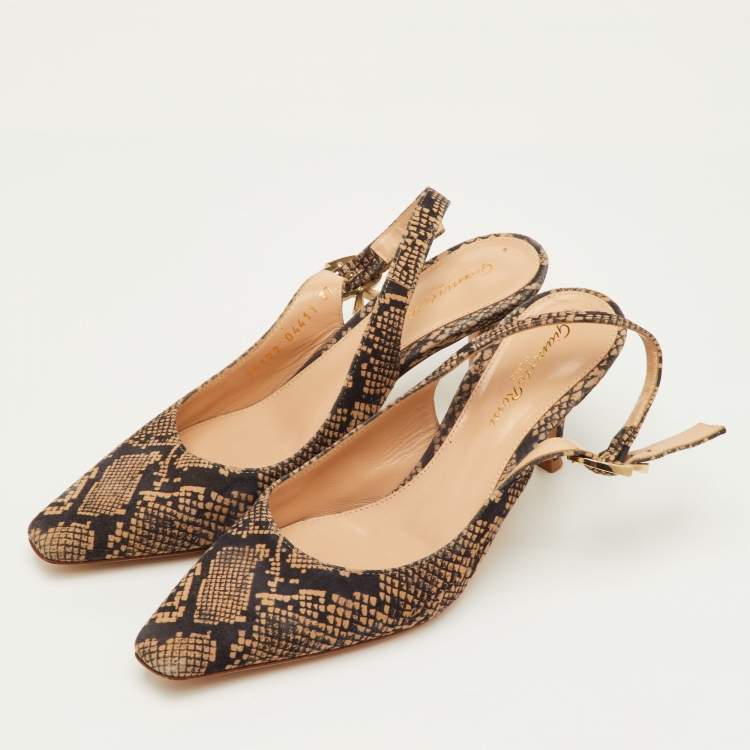 Pre Owned Gianvito Rossi Size 37 Black/Beige Python Print Suede Slingback Pumps