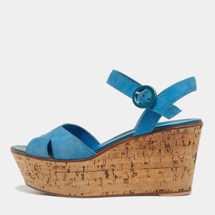 Pre Owned Gianvito Rossi Size 40 Blue Suede Cork Wedge Ankle Strap Sandals