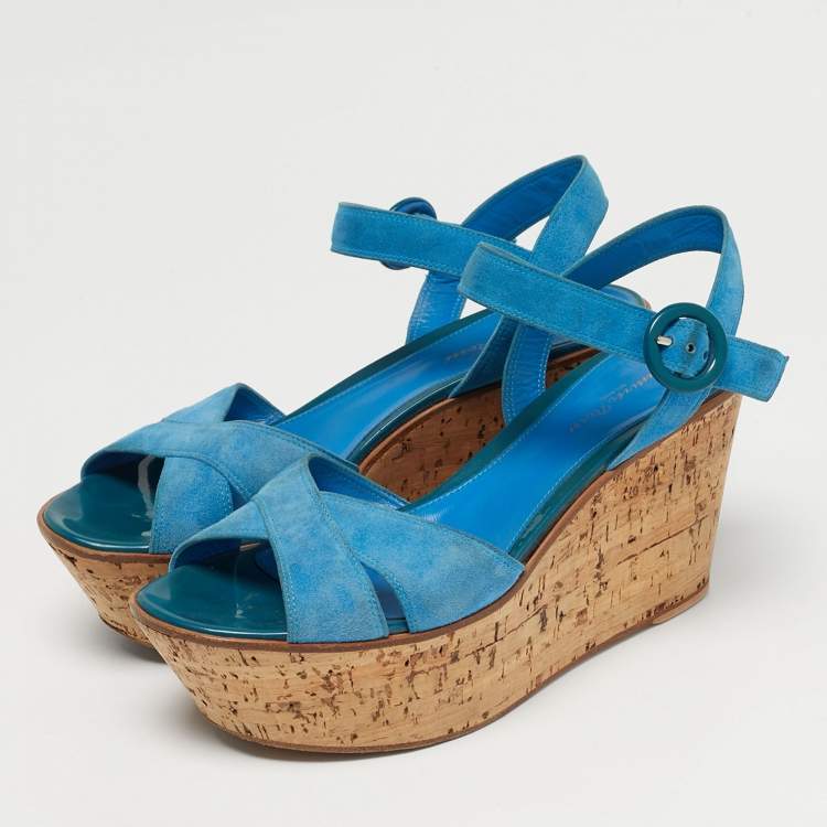 Pre Owned Gianvito Rossi Size 40 Blue Suede Cork Wedge Ankle Strap Sandals