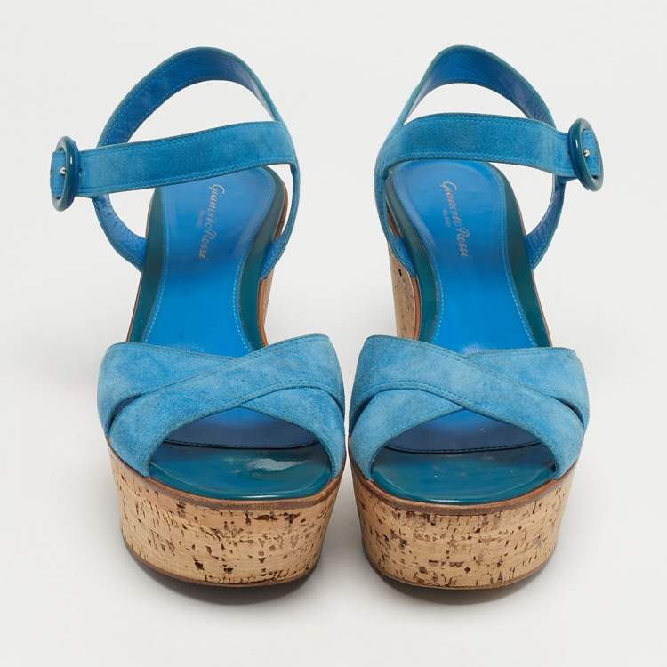Pre Owned Gianvito Rossi Size 40 Blue Suede Cork Wedge Ankle Strap Sandals