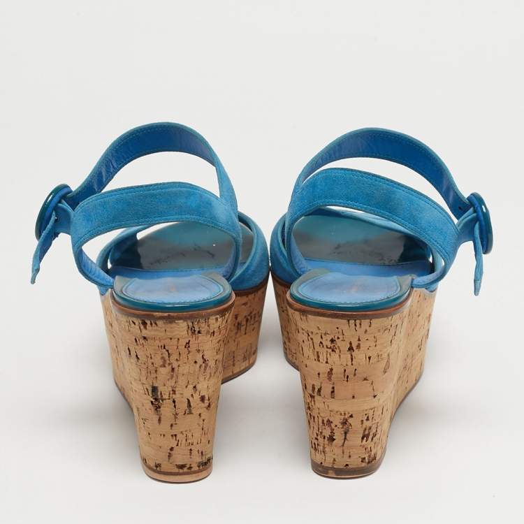 Pre Owned Gianvito Rossi Size 40 Blue Suede Cork Wedge Ankle Strap Sandals