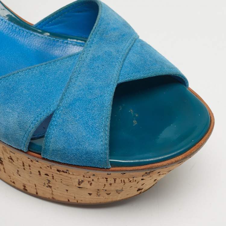 Pre Owned Gianvito Rossi Size 40 Blue Suede Cork Wedge Ankle Strap Sandals