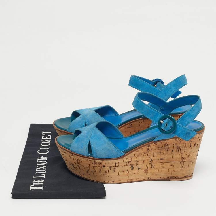 Pre Owned Gianvito Rossi Size 40 Blue Suede Cork Wedge Ankle Strap Sandals
