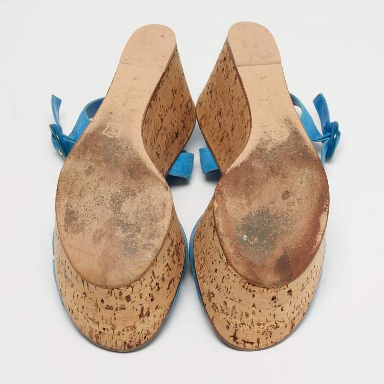 Pre Owned Gianvito Rossi Size 40 Blue Suede Cork Wedge Ankle Strap Sandals