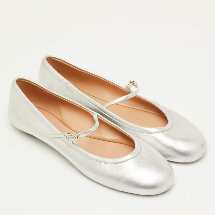 Pre Owned Gianvito Rossi Carla Size 41 Silver Leather Mary Jane Ballet Flats