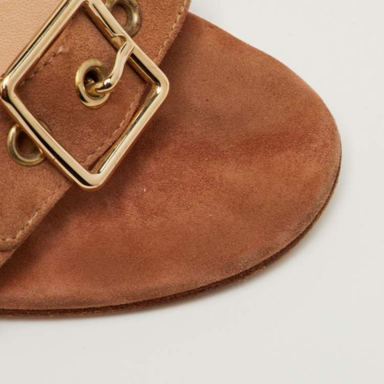 Pre Owned Gianvito Rossi Hayes Buckle Size 39 Beige Suede Block Heel Ankle Strap Sandals