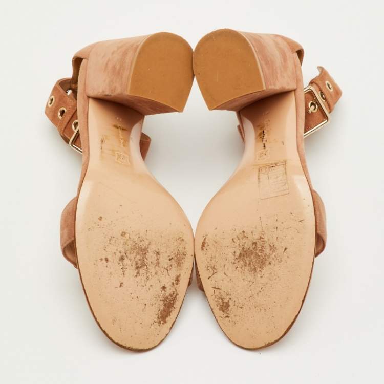 Pre Owned Gianvito Rossi Hayes Buckle Size 39 Beige Suede Block Heel Ankle Strap Sandals