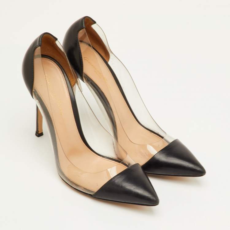 Pre Owned Gianvito Rossi Plexi Size 39.5 Black/Transparent Leather and PVC Pointed Toe Pumps
