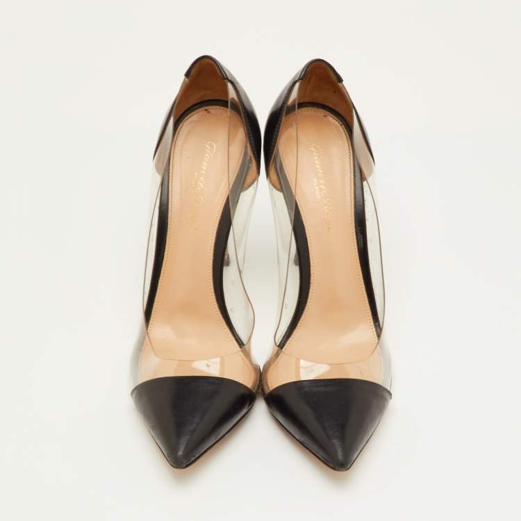 Pre Owned Gianvito Rossi Plexi Size 39.5 Black/Transparent Leather and PVC Pointed Toe Pumps