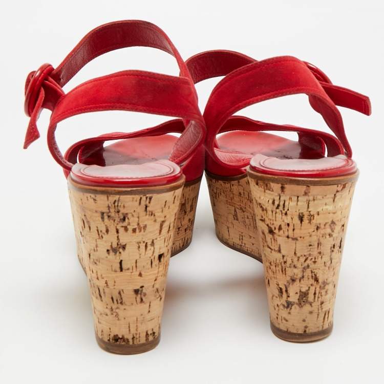 Pre Owned Gianvito Rossi Size 40 Red Suede Cork Wedge Ankle Strap Sandals