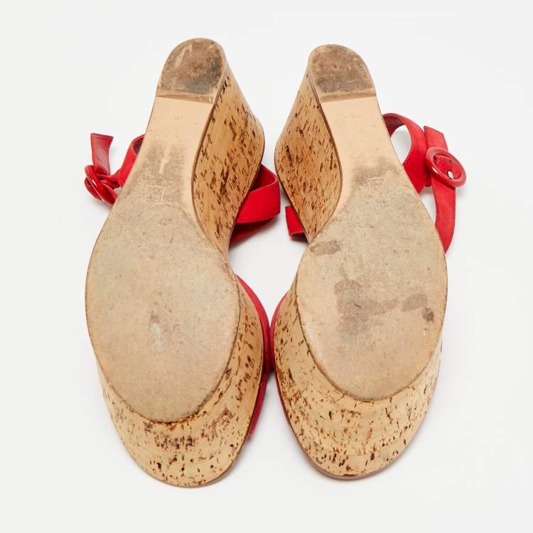 Pre Owned Gianvito Rossi Size 40 Red Suede Cork Wedge Ankle Strap Sandals