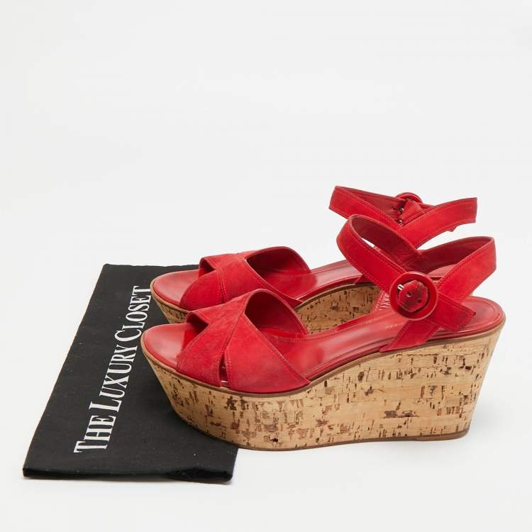Pre Owned Gianvito Rossi Size 40 Red Suede Cork Wedge Ankle Strap Sandals