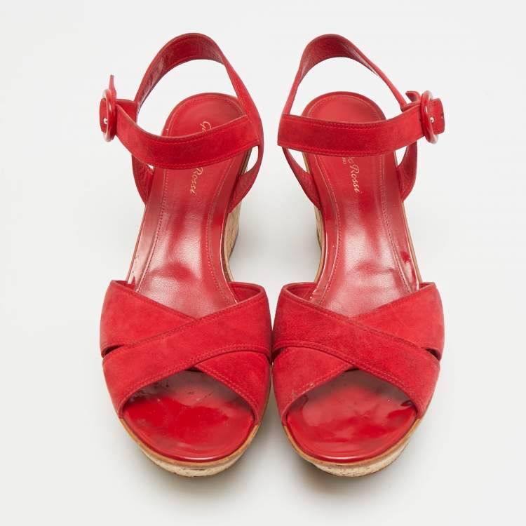 Pre Owned Gianvito Rossi Size 40 Red Suede Cork Wedge Ankle Strap Sandals