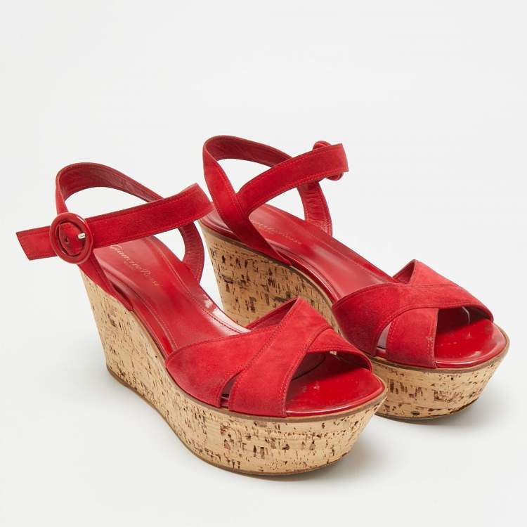 Pre Owned Gianvito Rossi Size 40 Red Suede Cork Wedge Ankle Strap Sandals