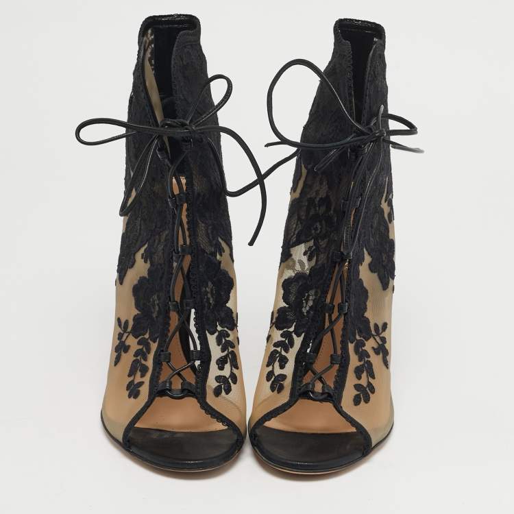 Pre Owned Gianvito Rossi Giada Size 37 Black Lace and Mesh Ankle Length Boots