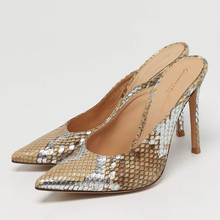 Pre Owned Gianvito Rossi Size 36 Silver/Brown Python Leather Mules