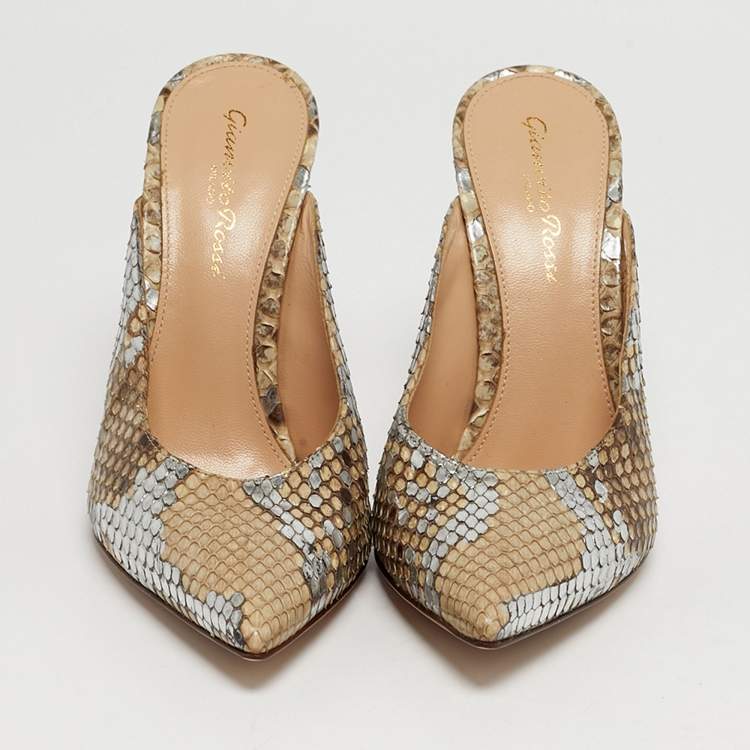 Pre Owned Gianvito Rossi Size 36 Silver/Brown Python Leather Mules