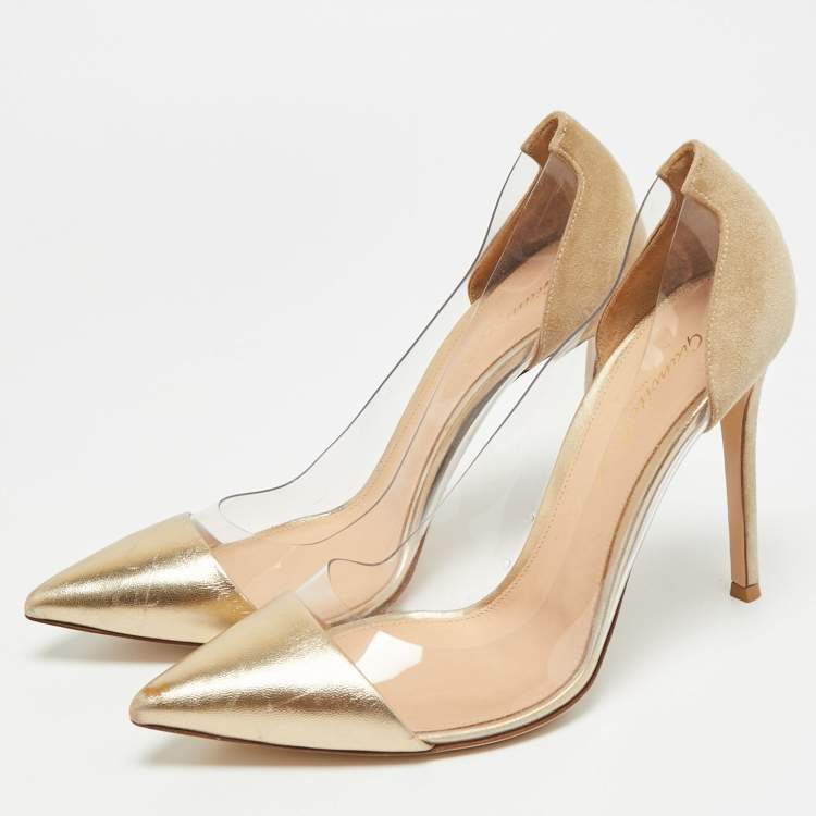 Pre Owned Gianvito Rossi Plexi Size 38 Gold/Transparent  Leather and PVC Pumps