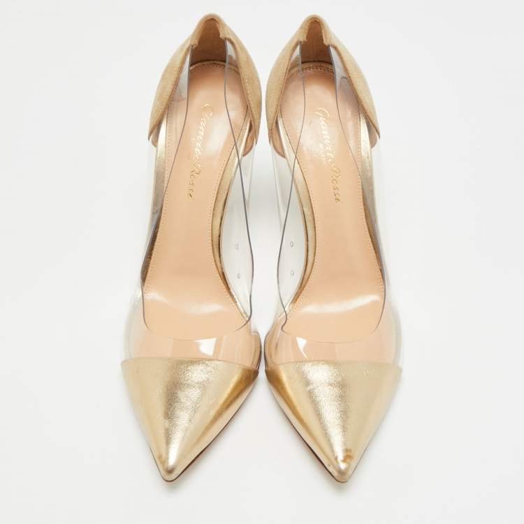 Pre Owned Gianvito Rossi Plexi Size 38 Gold/Transparent  Leather and PVC Pumps