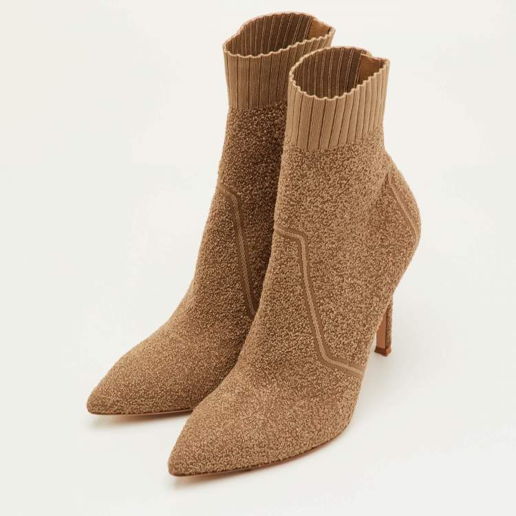 Pre Owned Gianvito Rossi Size 40 Khaki Brown Stretch Fabric Pointed Toe Ankle Boots