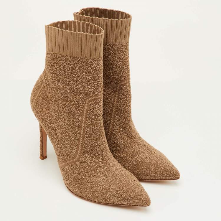 Pre Owned Gianvito Rossi Size 40 Khaki Brown Stretch Fabric Pointed Toe Ankle Boots