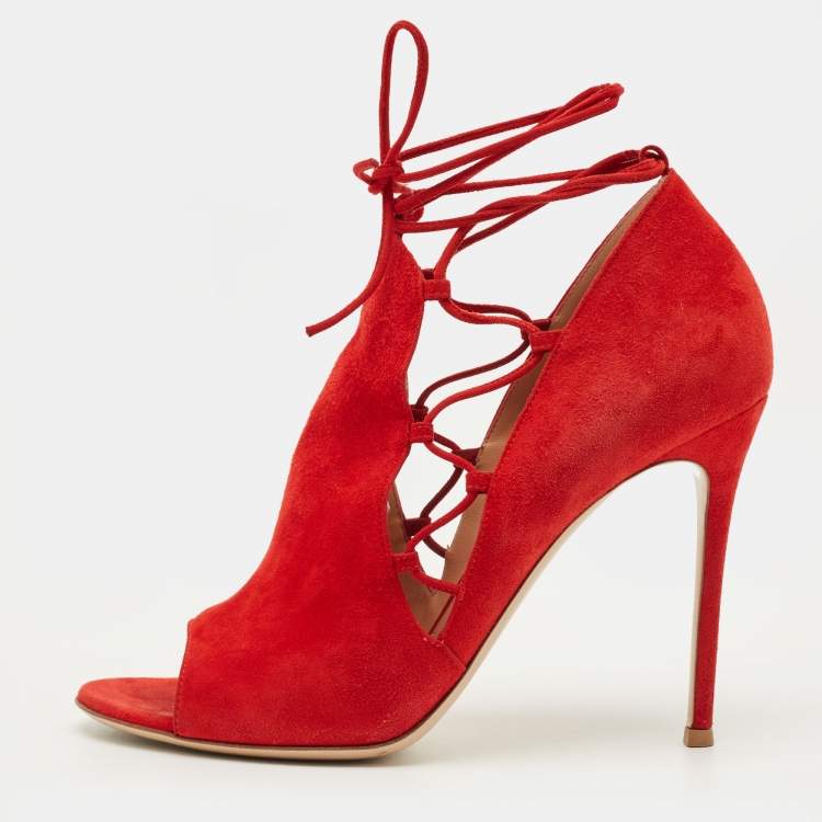 Pre Owned Gianvito Rossi Size 41 Red Suede Lace Up Ankle Booties 