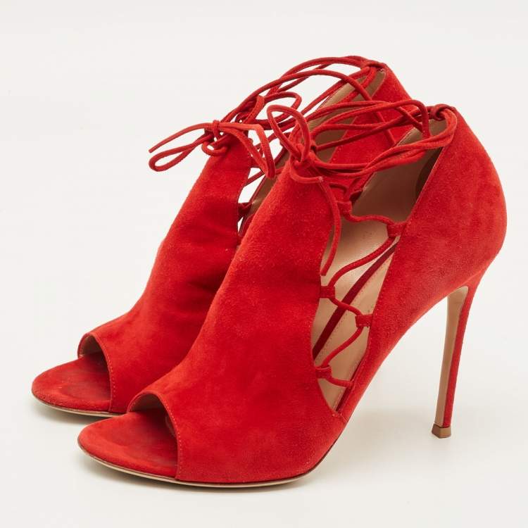 Pre Owned Gianvito Rossi Size 41 Red Suede Lace Up Ankle Booties 