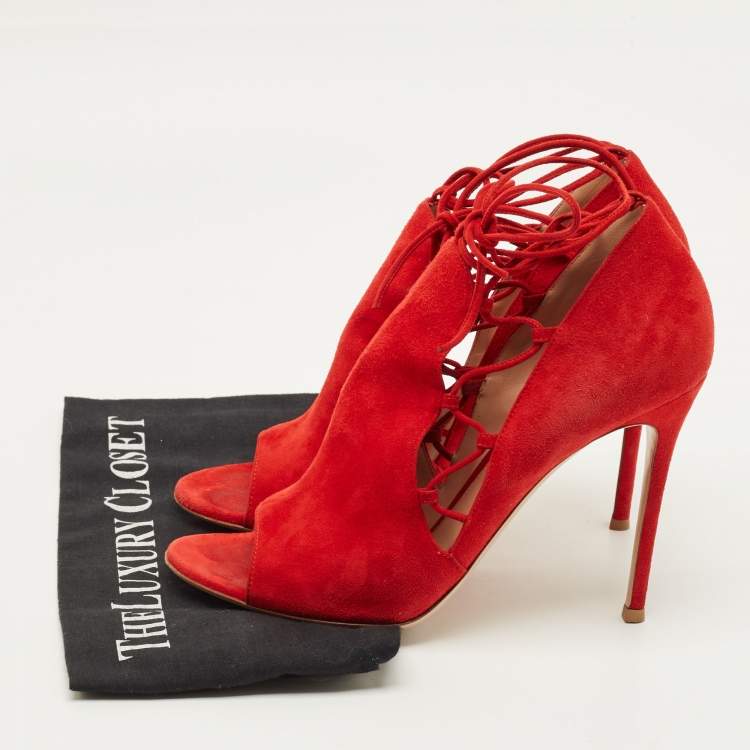Pre Owned Gianvito Rossi Size 41 Red Suede Lace Up Ankle Booties 