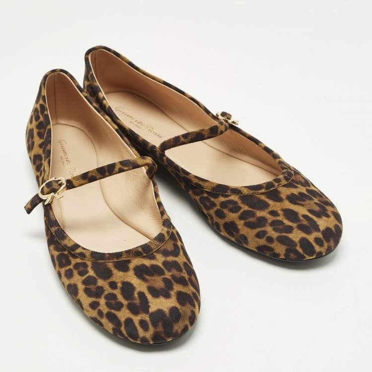 Pre Owned Gianvito Rossi Size 41.5 Brown Leopard Print Suede Mary Jane Ballet Flats