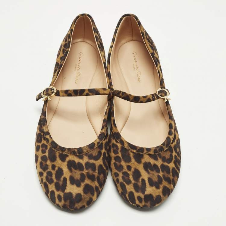 Pre Owned Gianvito Rossi Size 41.5 Brown Leopard Print Suede Mary Jane Ballet Flats