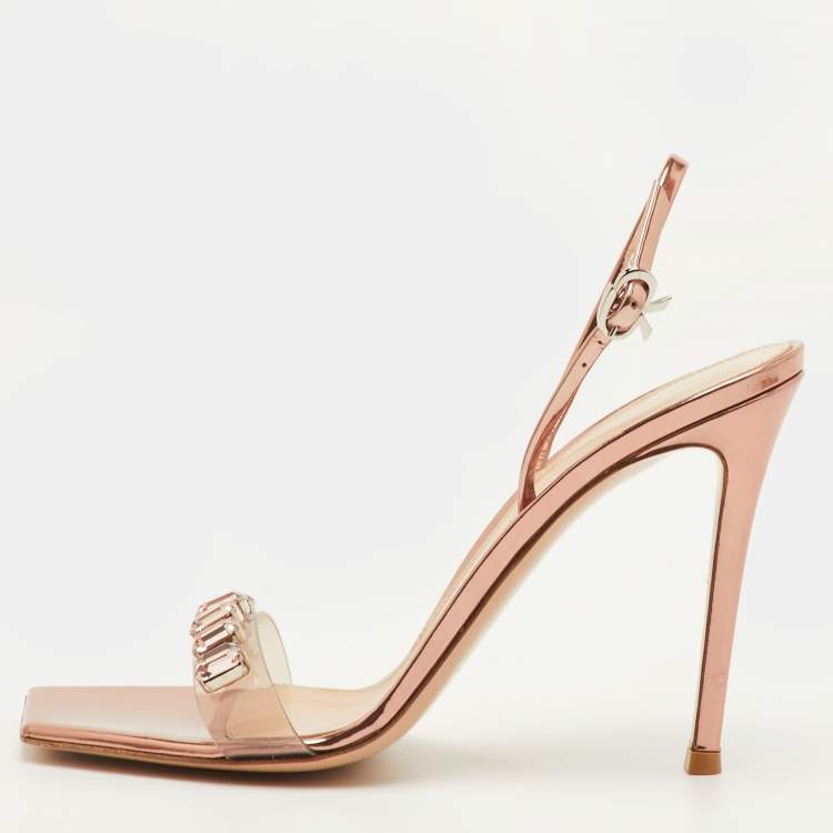 Pre Owned Gianvito Rossi Ribbon Size 39.5 Transparent/Rose Gold Patent Leather and PVC Slingback Sandals