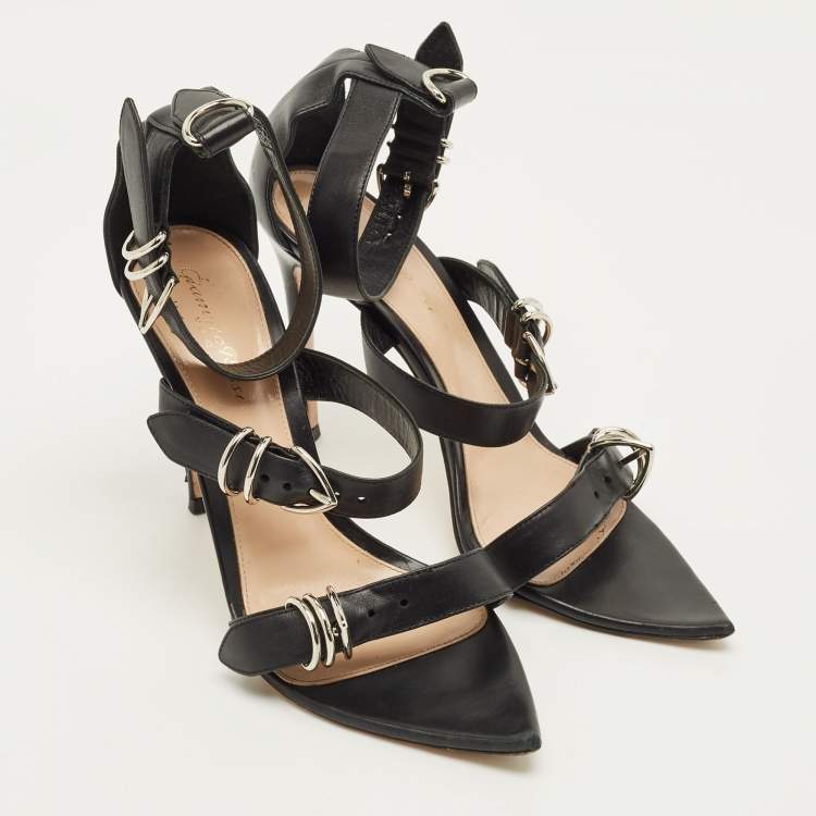 Pre Owned Gianvito Rossi Size 38 Black Leather Belted Ankle-Strap  Sandals