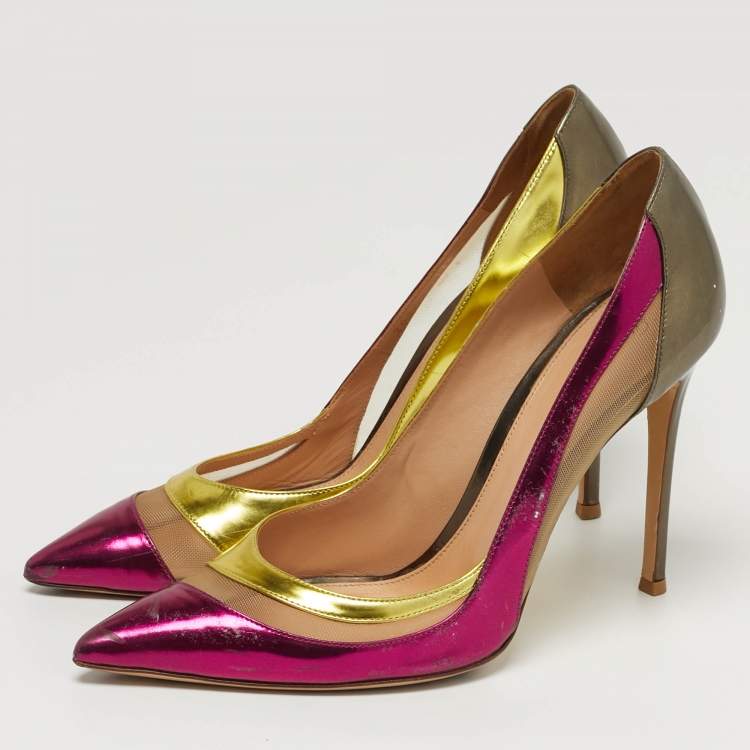 Pre Owned Gianvito Rossi Paneled Size 41 Multicolor Mesh and Patent Leather Pumps