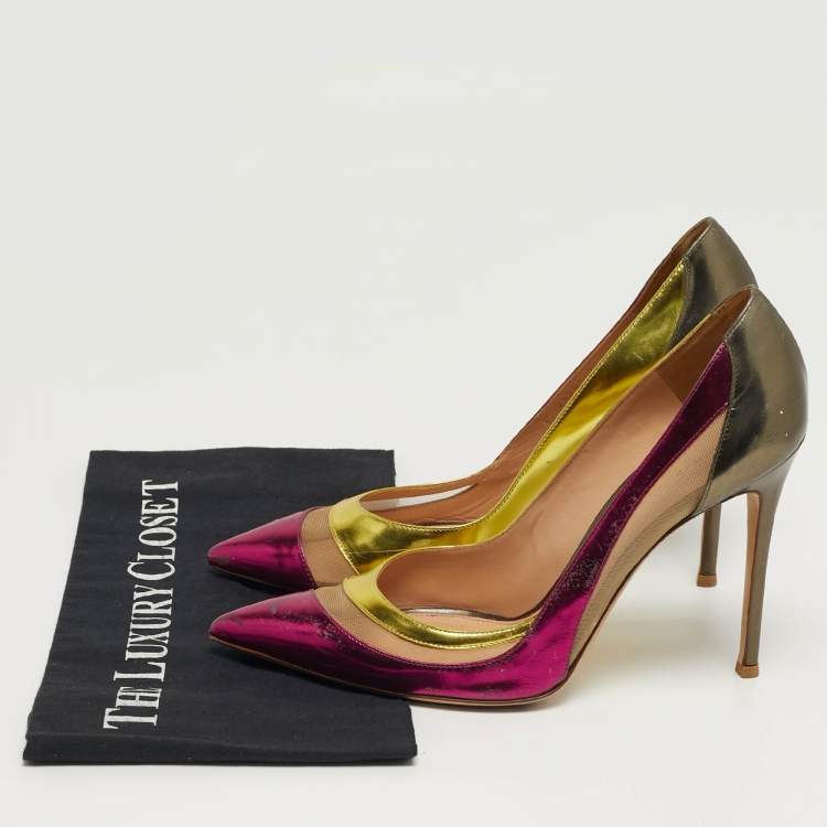 Pre Owned Gianvito Rossi Paneled Size 41 Multicolor Mesh and Patent Leather Pumps