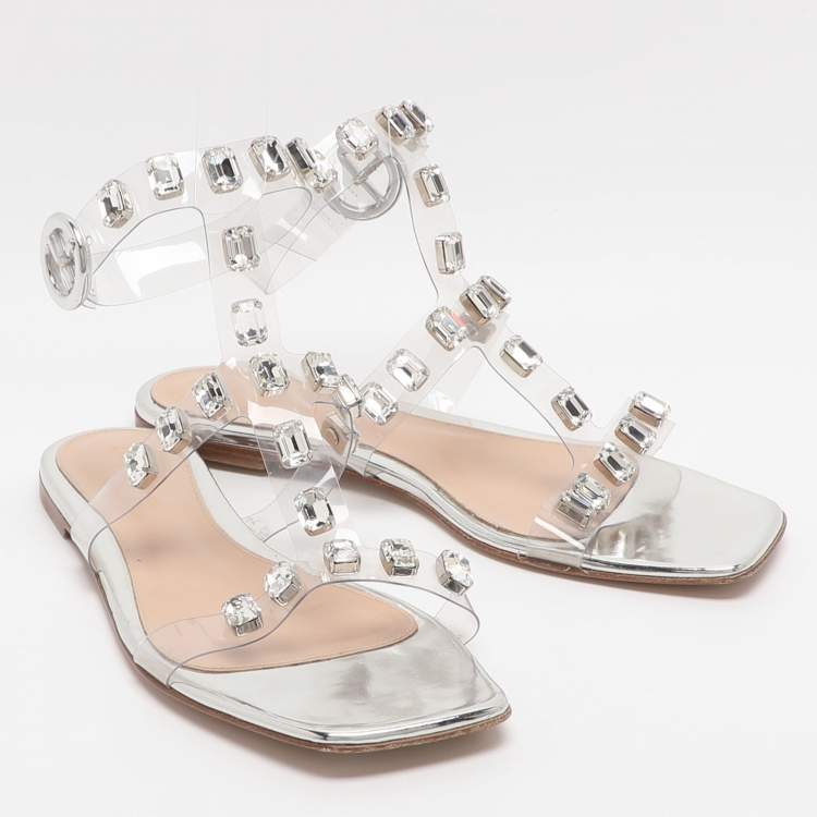 Pre Owned Gianvito Rossi Size 39 Transparent PVC Crystal Embellished Ankle Strap Flats