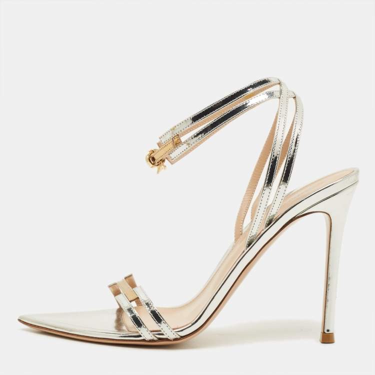 Pre Owned Gianvito Rossi Kim Size 38 Silver Leather Ankle Strap Sandals
