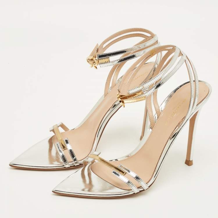 Pre Owned Gianvito Rossi Kim Size 38 Silver Leather Ankle Strap Sandals