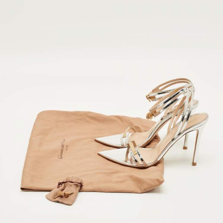 Pre Owned Gianvito Rossi Kim Size 38 Silver Leather Ankle Strap Sandals