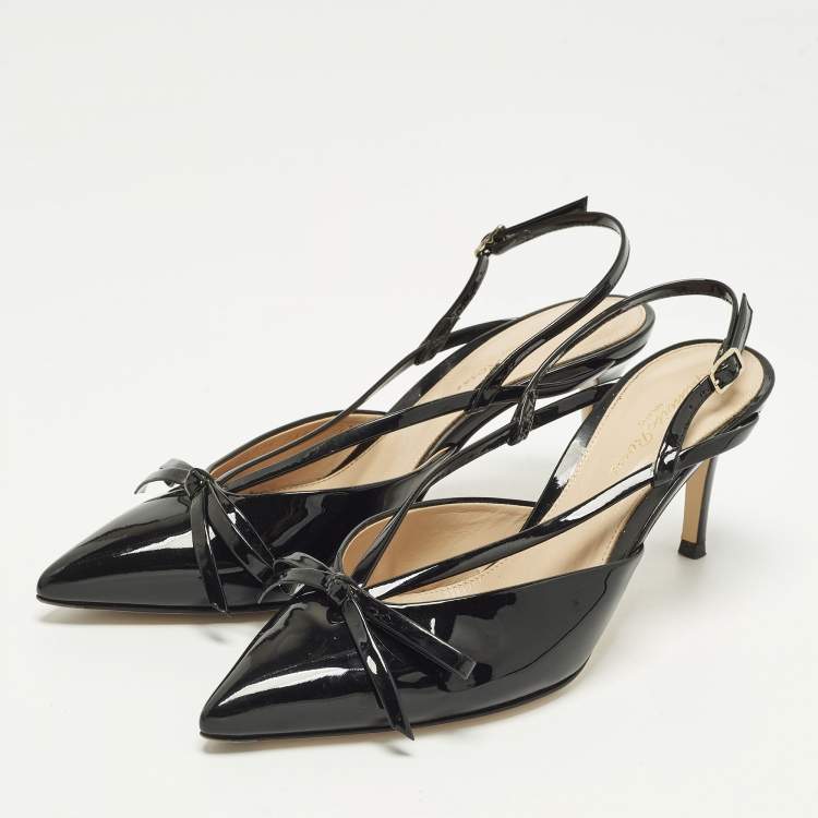 Pre Owned Gianvito Rossi Bow Size 37 Black Patent Leather Slingback Pumps
