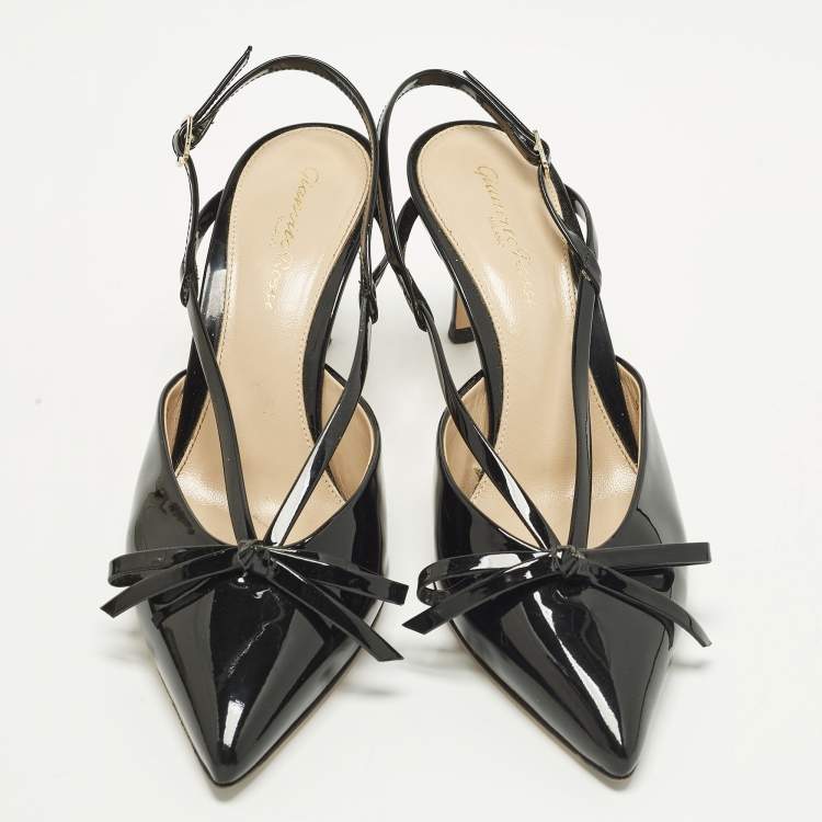 Pre Owned Gianvito Rossi Bow Size 37 Black Patent Leather Slingback Pumps