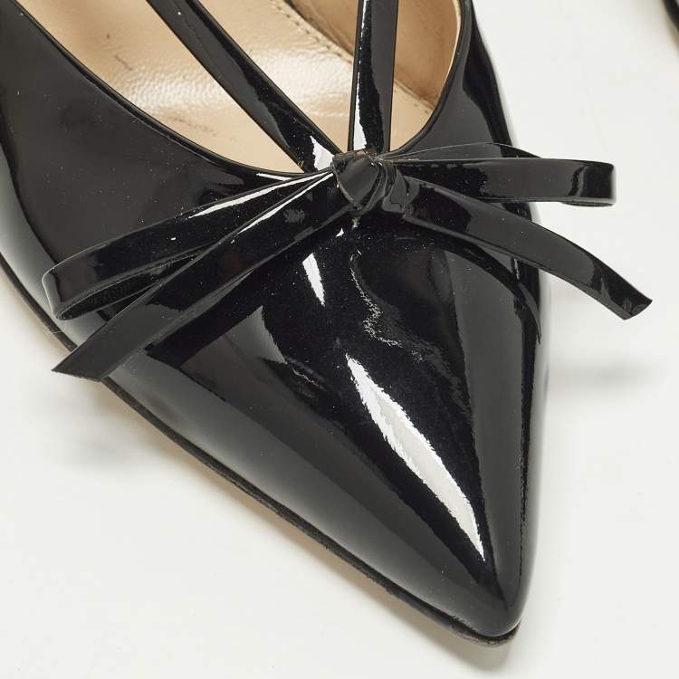 Pre Owned Gianvito Rossi Bow Size 37 Black Patent Leather Slingback Pumps